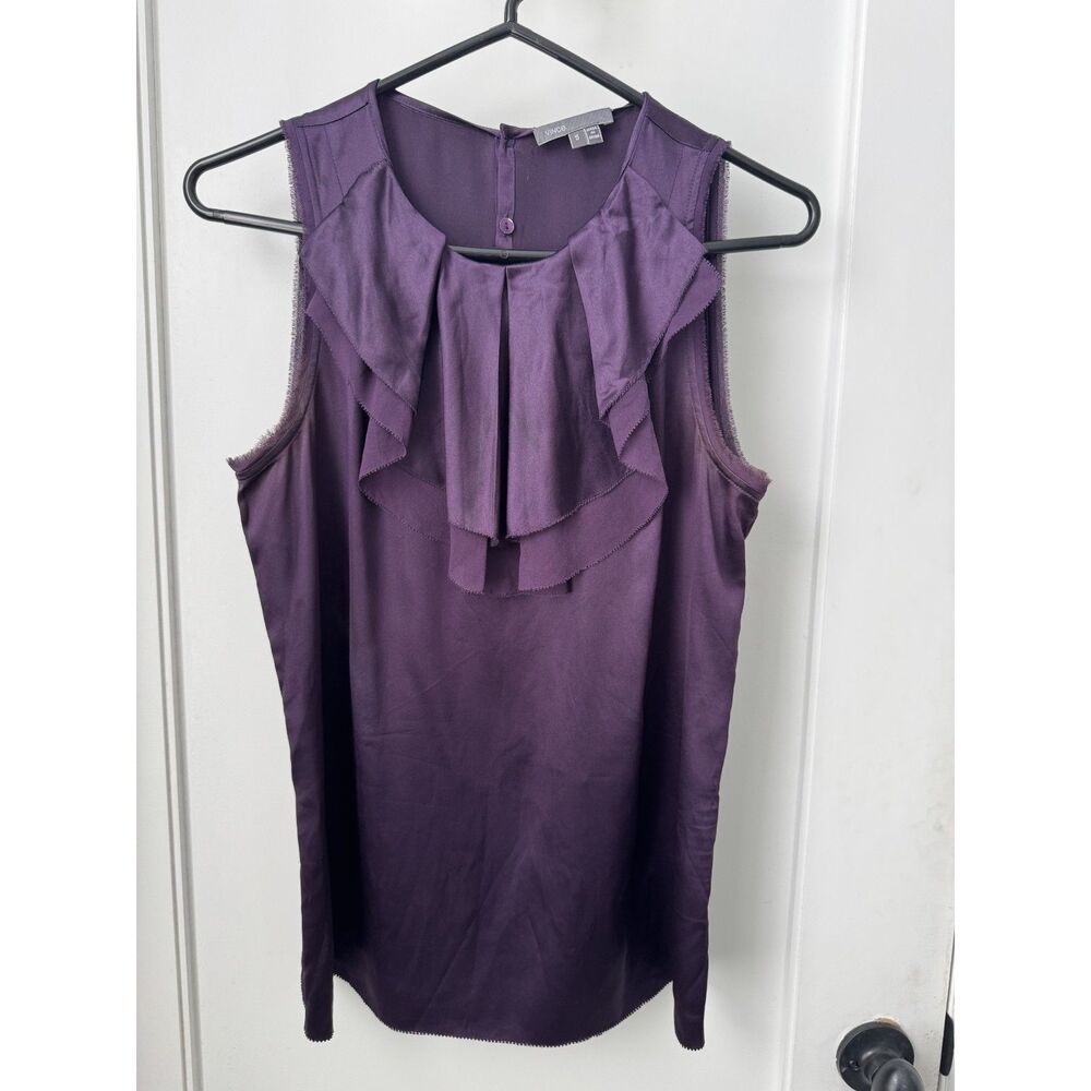 Vince Silk Sleeveless Ruffle Front Blouse - Deep Purple, Size Small